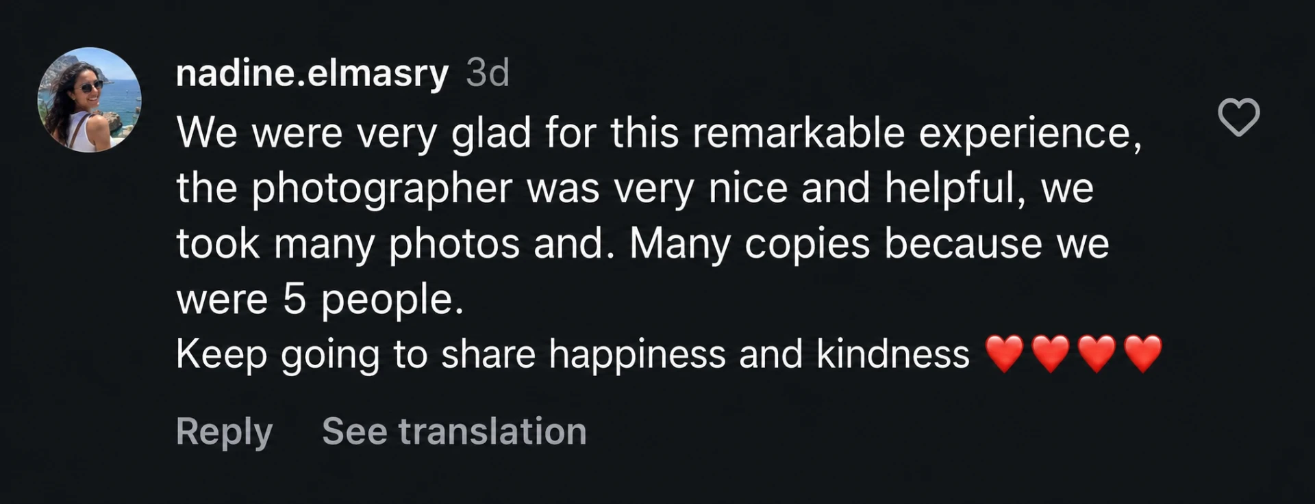 Instagram comment from nadine.elmasry about a remarkable experience