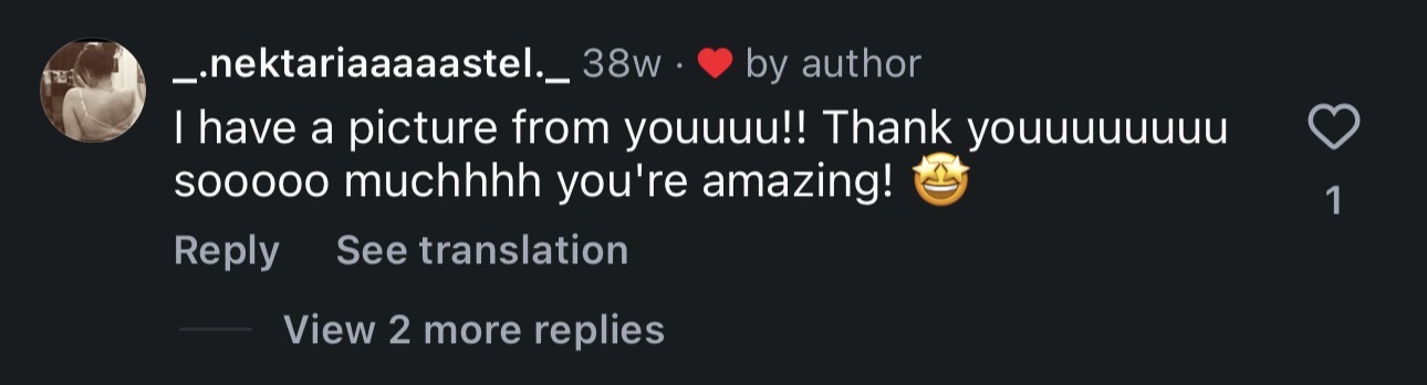 Instagram comment thanking the photographer