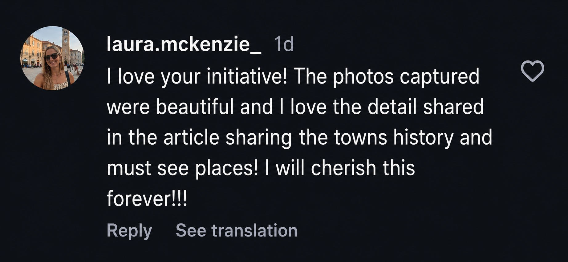 Instagram comment from laura.mckenzie about cherishing the photos