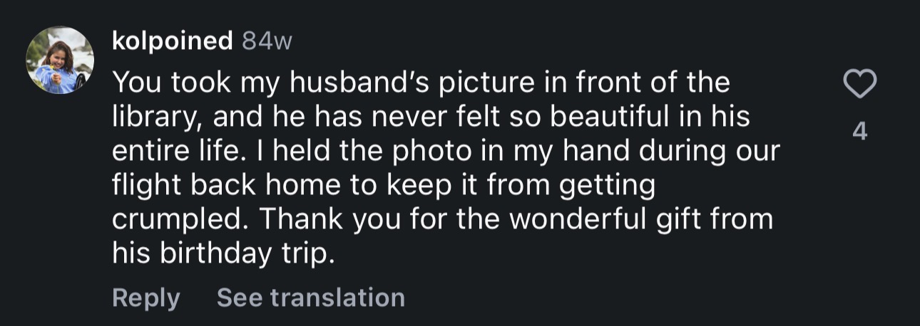 Instagram comment about the photo gift